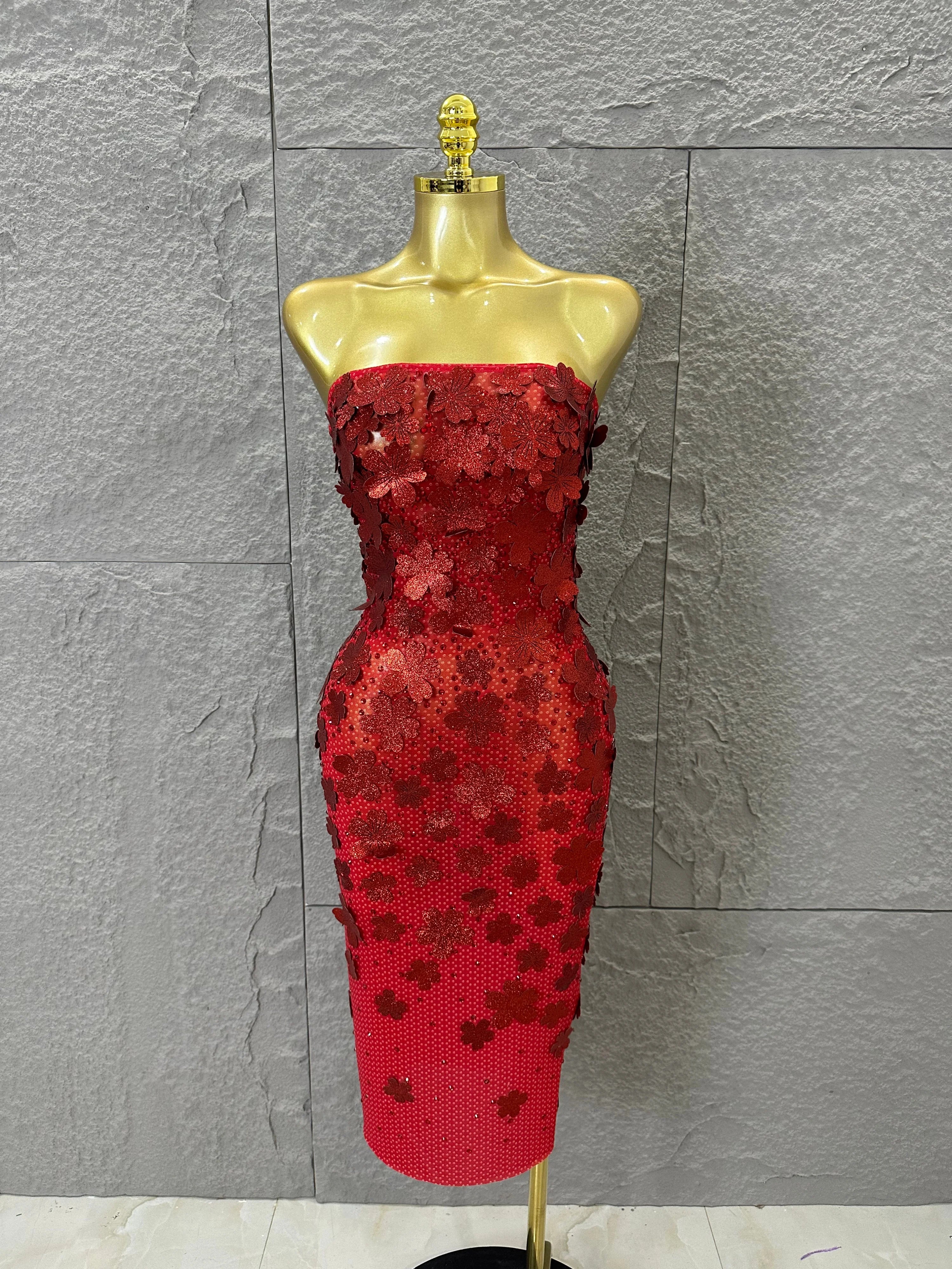 Sparkly Women Sexy Strapless Slim-fit 3D Flower Evening Gala Party Nightclub Cocktail Party Stage Performance Costume Red