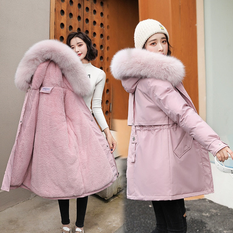 Parka à capuche pour femme, manteau Long, doublure en laine, nouvelle veste d'hiver Slim avec col en fourrure, vêtements chauds pour la neige, vêtements rembourrés, 2022