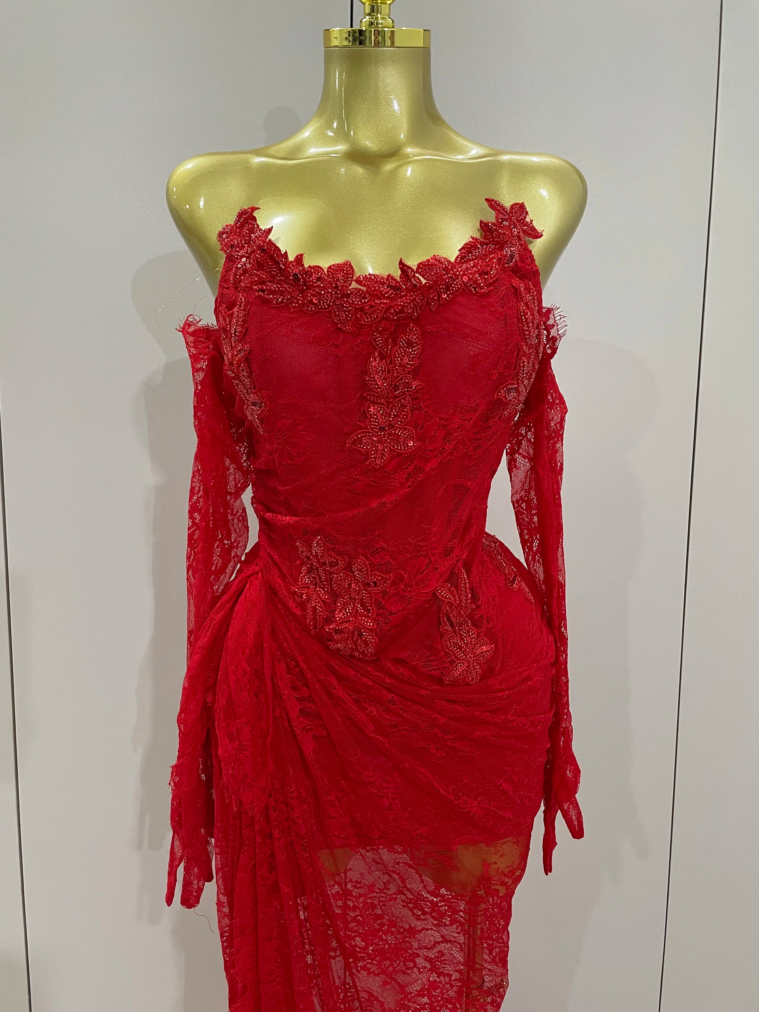 Women Sexy Strapless Backless Red Lace Split Maxi Long Bodycon Dress 2025 Celebrity Elegant Evening Club Birthday Party Outfit