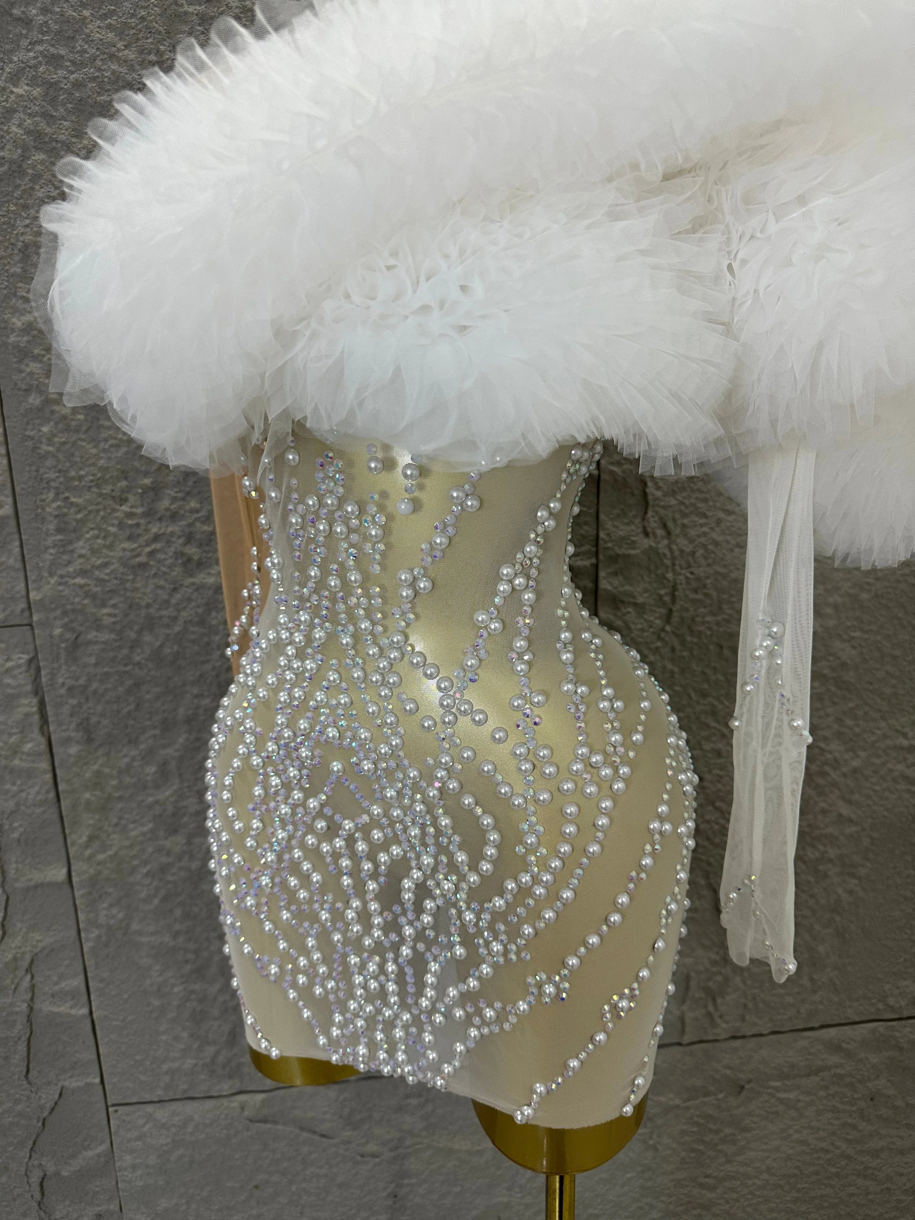 Luxurious Nude Sheer Mesh Mini Dress Women One-Shoulder Pearl Beaded Ruffle Tulle Bodycon Evening Costume