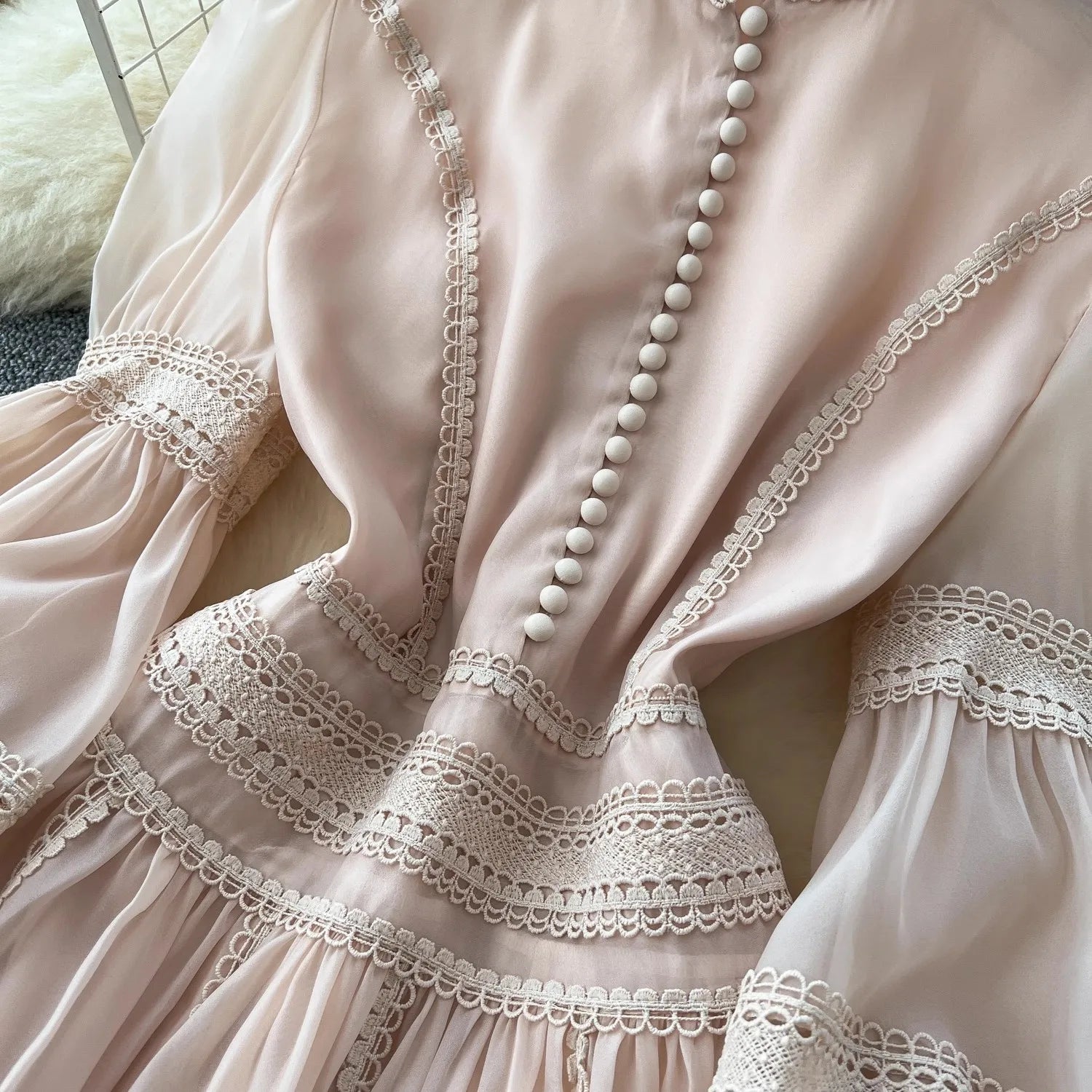 Autumn Elegant Hollow Out Embroidery Lace Splice Mini Dress Women's Stand Lantern Sleeve Buttons Evening Party Robe Vestidos