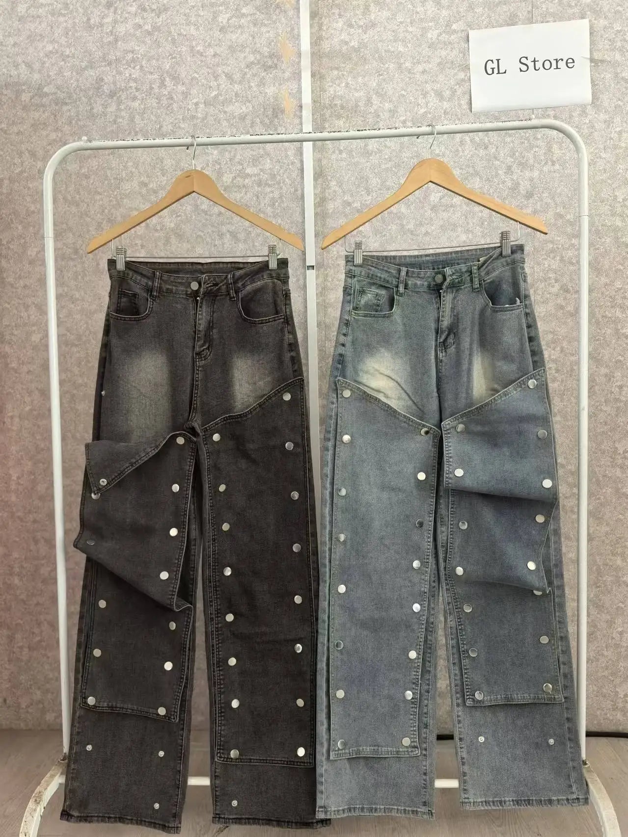 Women Streetwear Button Cutout Cargo Straight Denim Wide Leg Jeans Pants 2024 INS Elastic Fashion Party Cargo Trousers