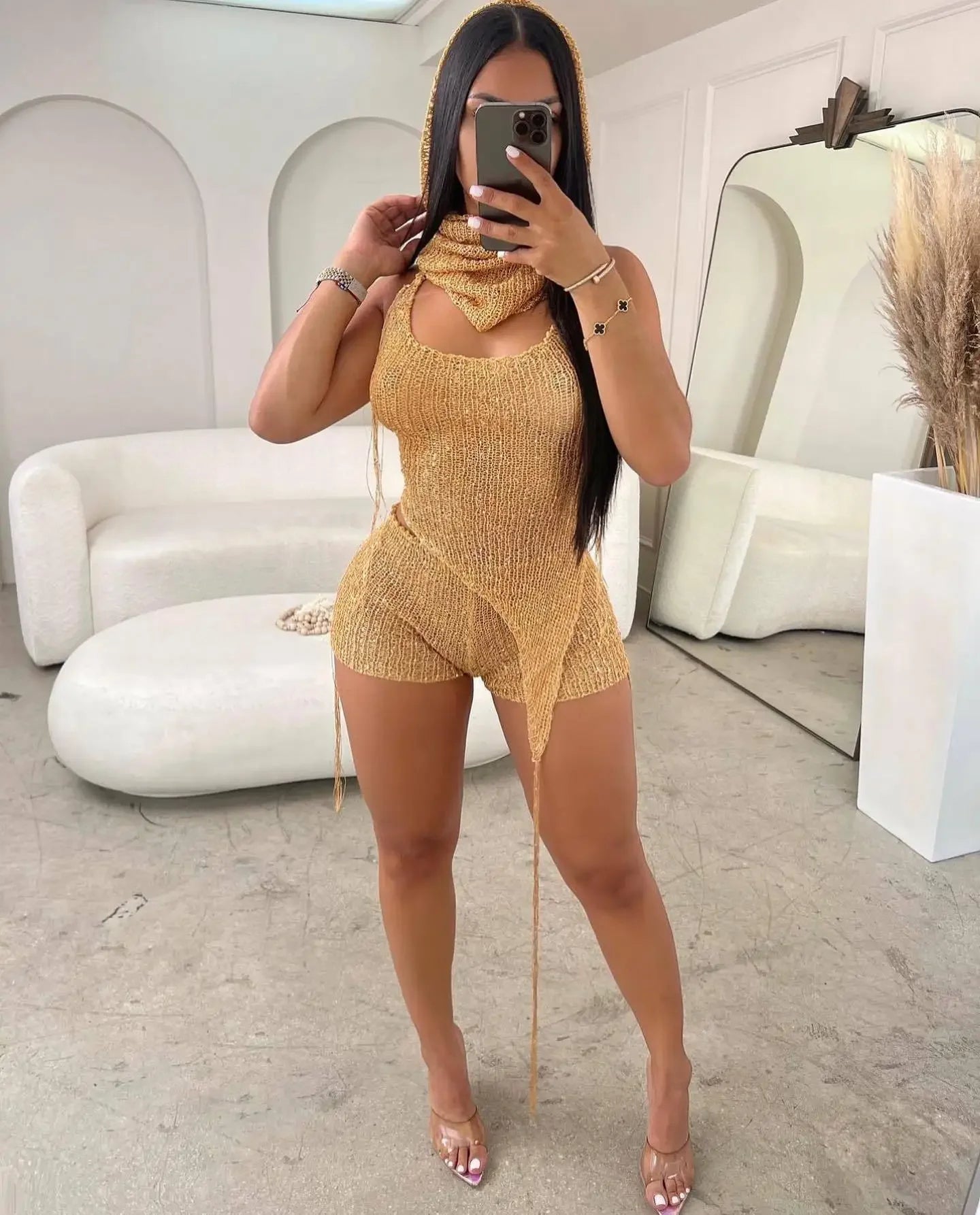 Knit Ribbed Women's Set Halter Neck Backless Crop Top with Hat Shorts Suit 2023 Summer Two 2 Piece Set Outfit Tracksuit Gold