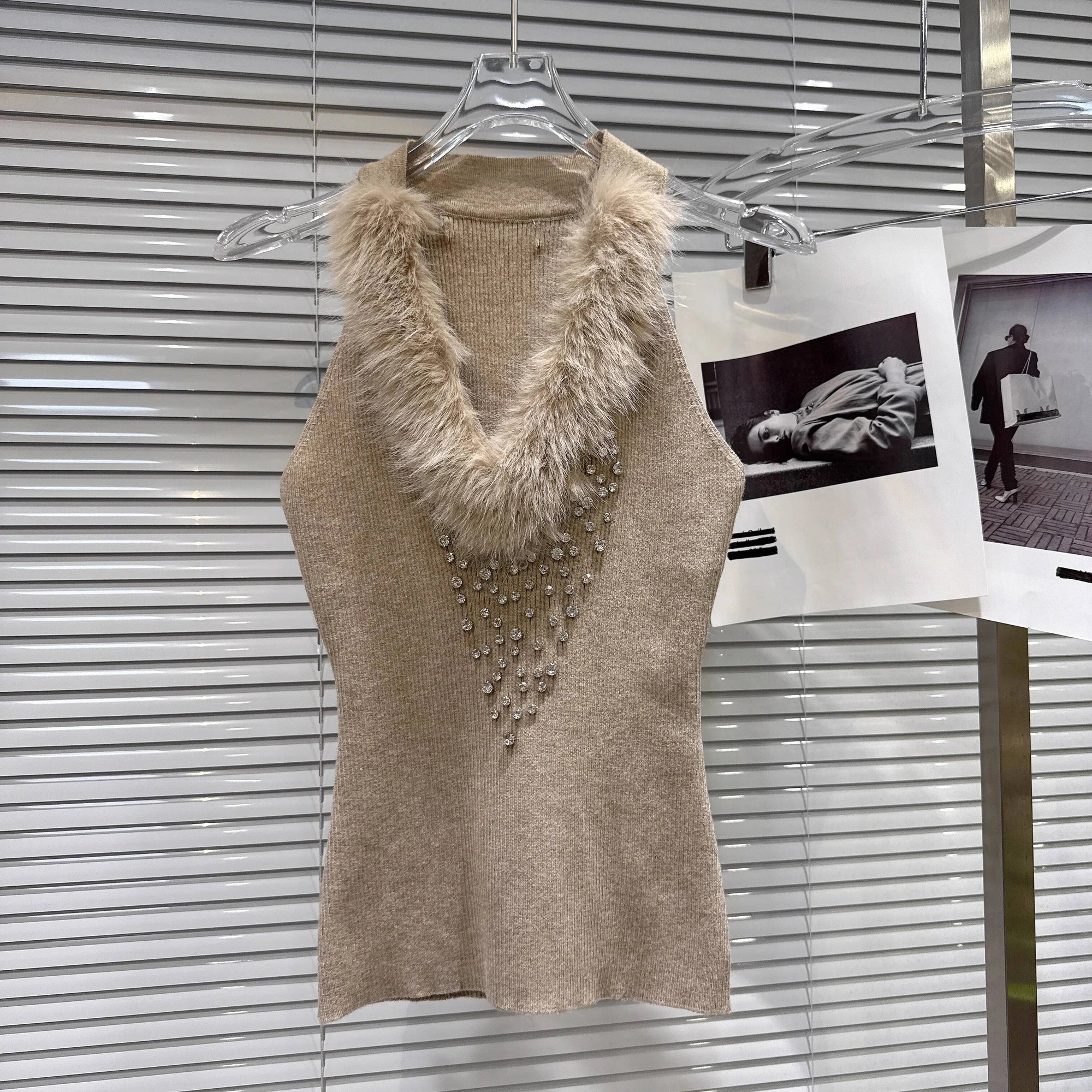 Winter New Fashion V-neck Furry Collar Rhinestone Design Knitted Vest Camisole For Women Slim Fit Tank Top 11A07754 Khaki One Size