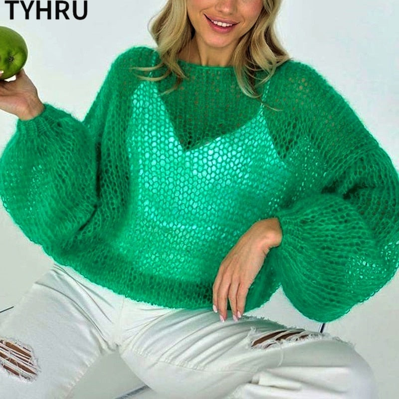 TYHRU Women's Knitted Sweaters Lady Hollow out Mesh Thin Pullover See Through Look Lantern Sleeve Loose Tops Smock Green