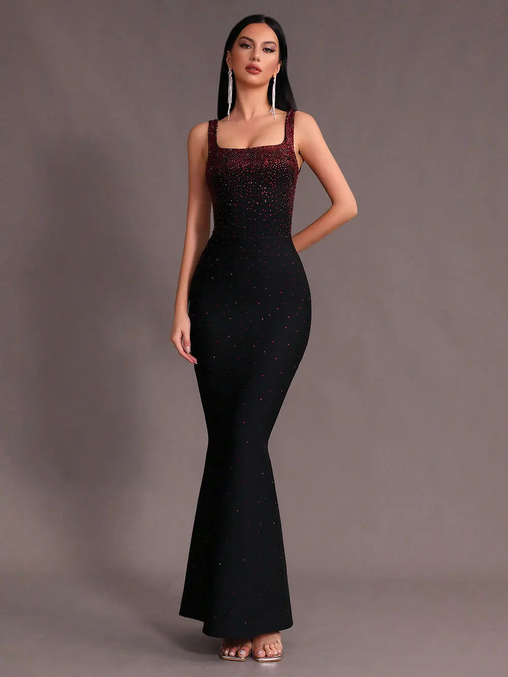 2025 Elegant Women Light Luxury Hot Diamond Bandage Dress Camisole Sleeveless Bodycon backless Long Dress Evening Party Vestidos black