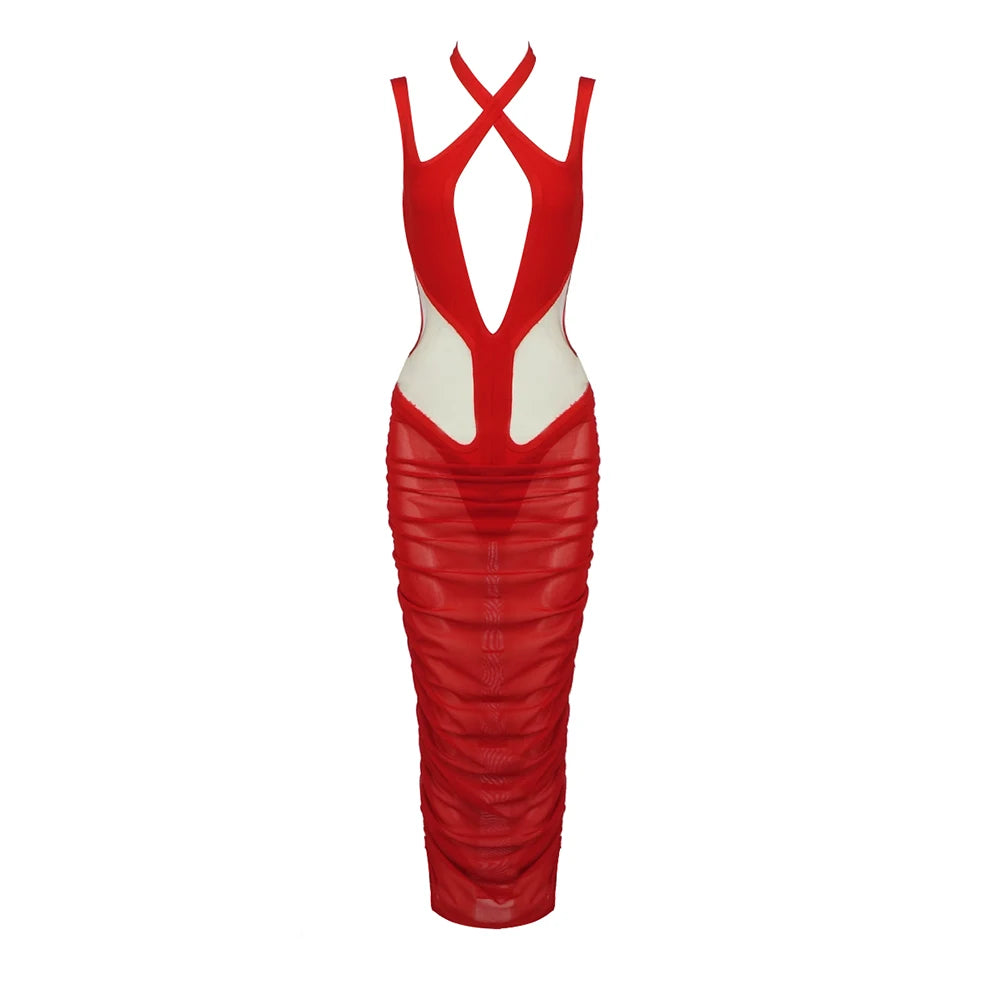 Women Mid-length Dress Cross Hollow Design Sleeveless Halter Neck Draped Mesh Stitching Bandage Red