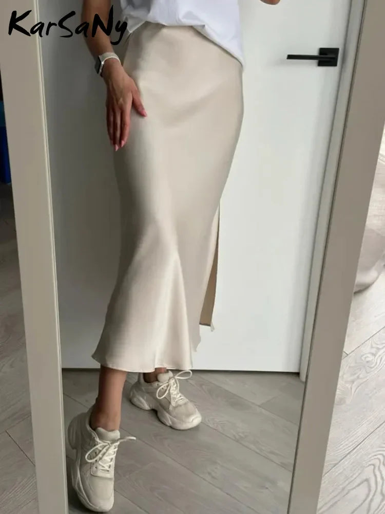 Silk Satin Skirts for Women Summer Casual Style A-line Solid Color Elastic High Waist Side Slit Champagne Skirt