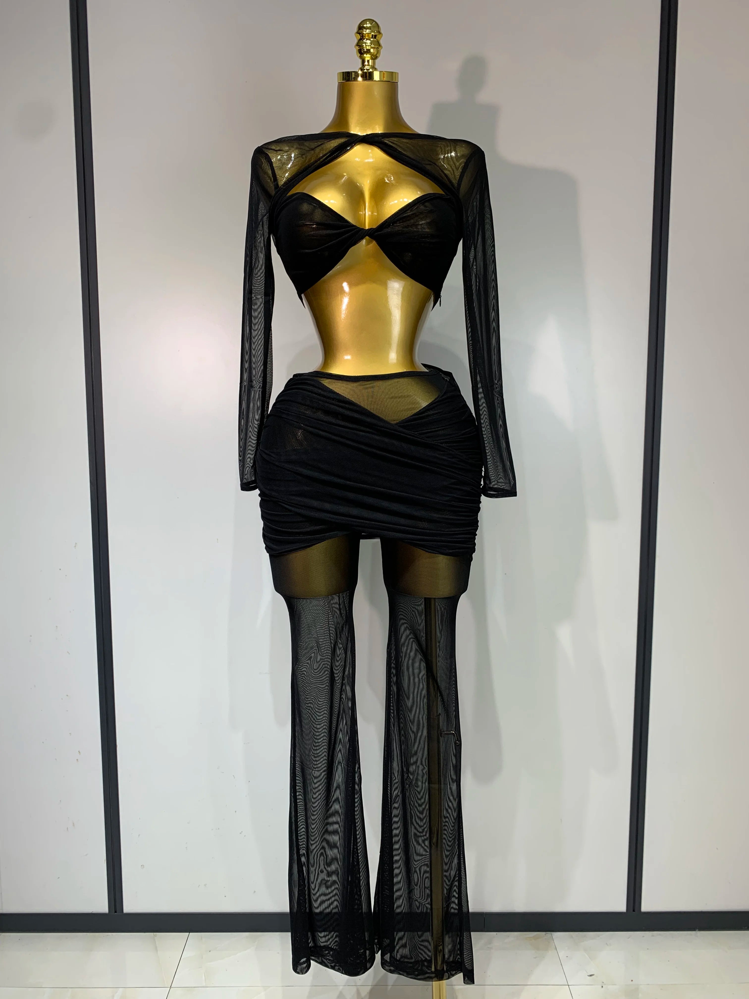 Women Sexy Mesh See Through Long sleeves Pant Sets Elegant Fashion Street Two Piece Set Club Birthday Evening Party Outfit black