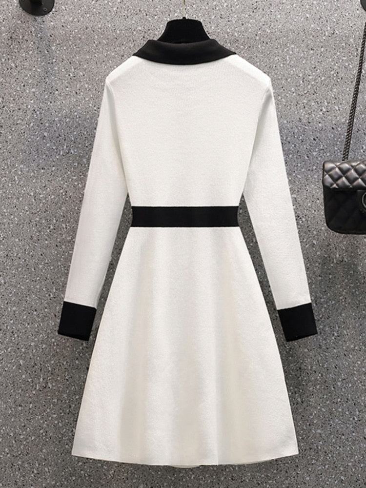 Petit parfum automne hiver tricoté Robe pull femmes noeud papillon boutons Vintage fête Mini Robe élégant décontracté Chic Robe Femme