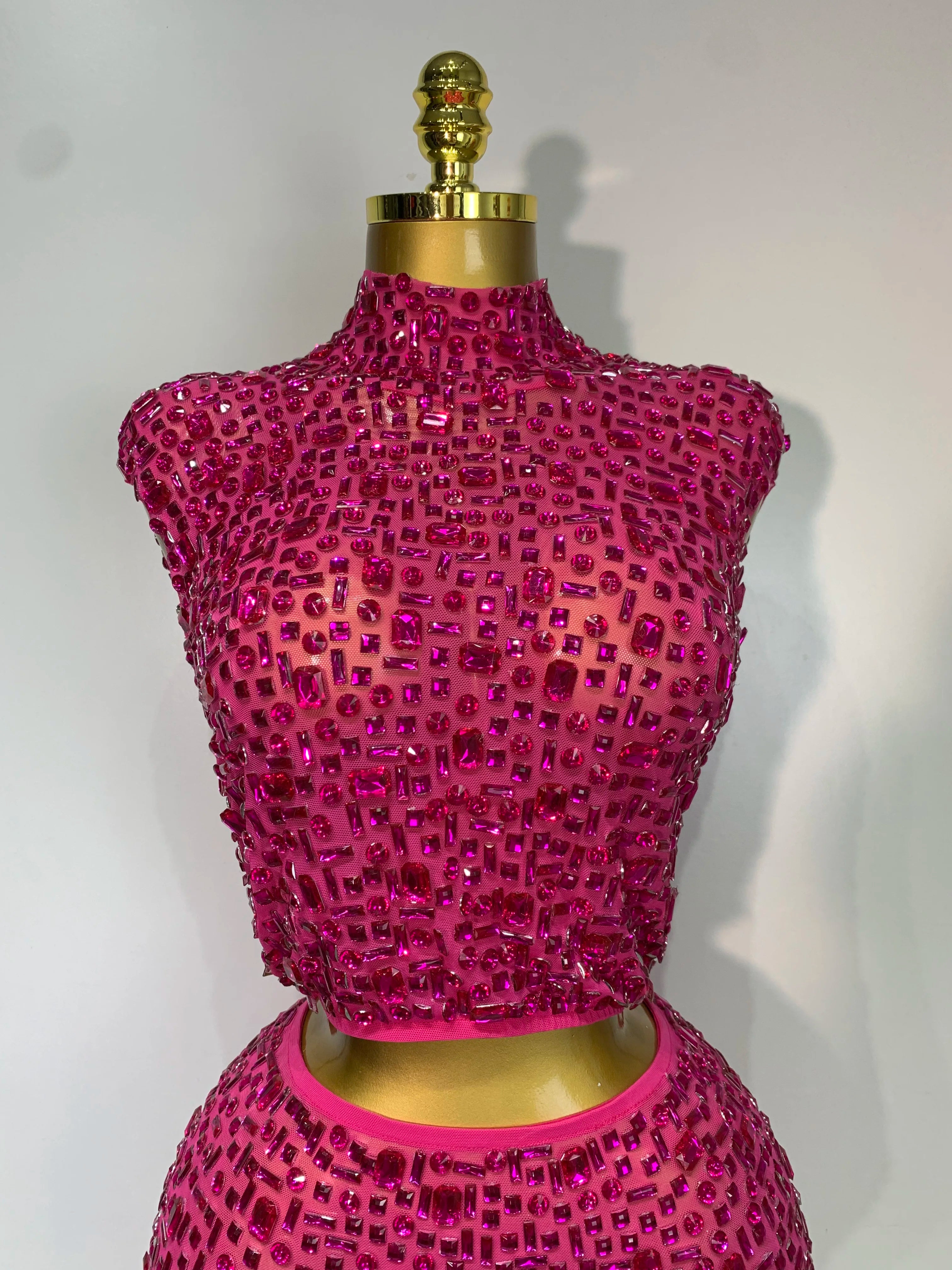 Sexy Sparkly Crystal Diamonds Mesh See Through Two Piece Set Women Elegant Evening Party Costume Singer Stage Performance Outfit