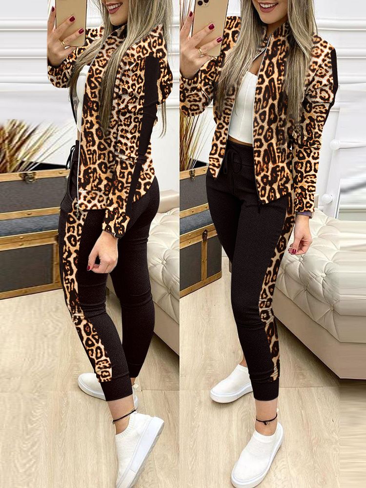 Women Two Piece Set Outfits Autumn Women's Tracksuit Zipper Top And Pants Casual Sport Suit Winter 2 Piece Woman Set Leopard