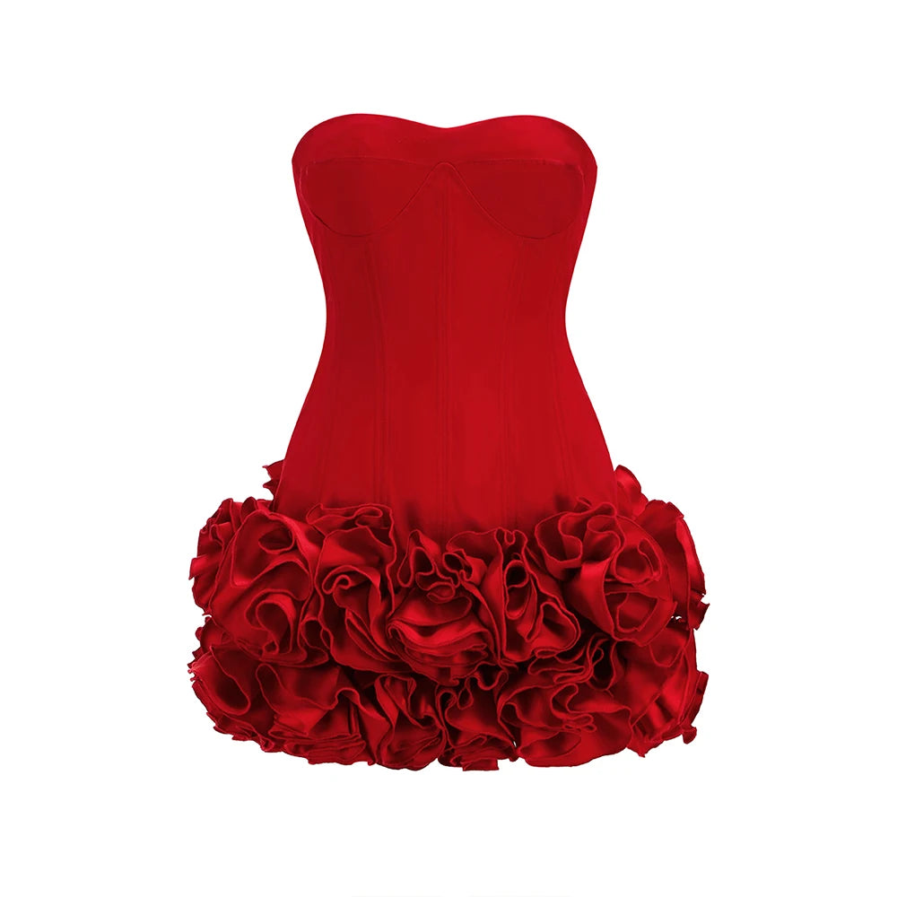 Christmas Dress Strapless Backless Red Structured Floral Embellished Mini Length Bodycon Celebrity Party Cocktail Dress Red