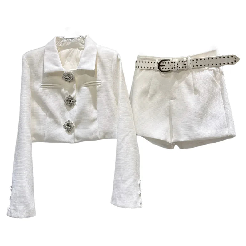 Winter New Fashionable Elegant Big Diamond Buckle Quilted Short Jacket Belted Shorts Women's Two-pieces Set 11A07651