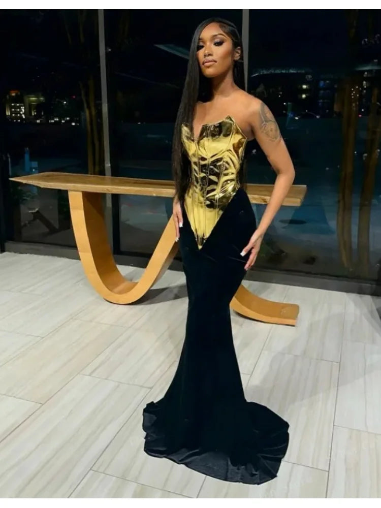 2025 Fashion Glod PU Woman Set Strapless Tops And Package Hips Balck Skirt 2 Pieces Evening Party Outfit Performance costume black