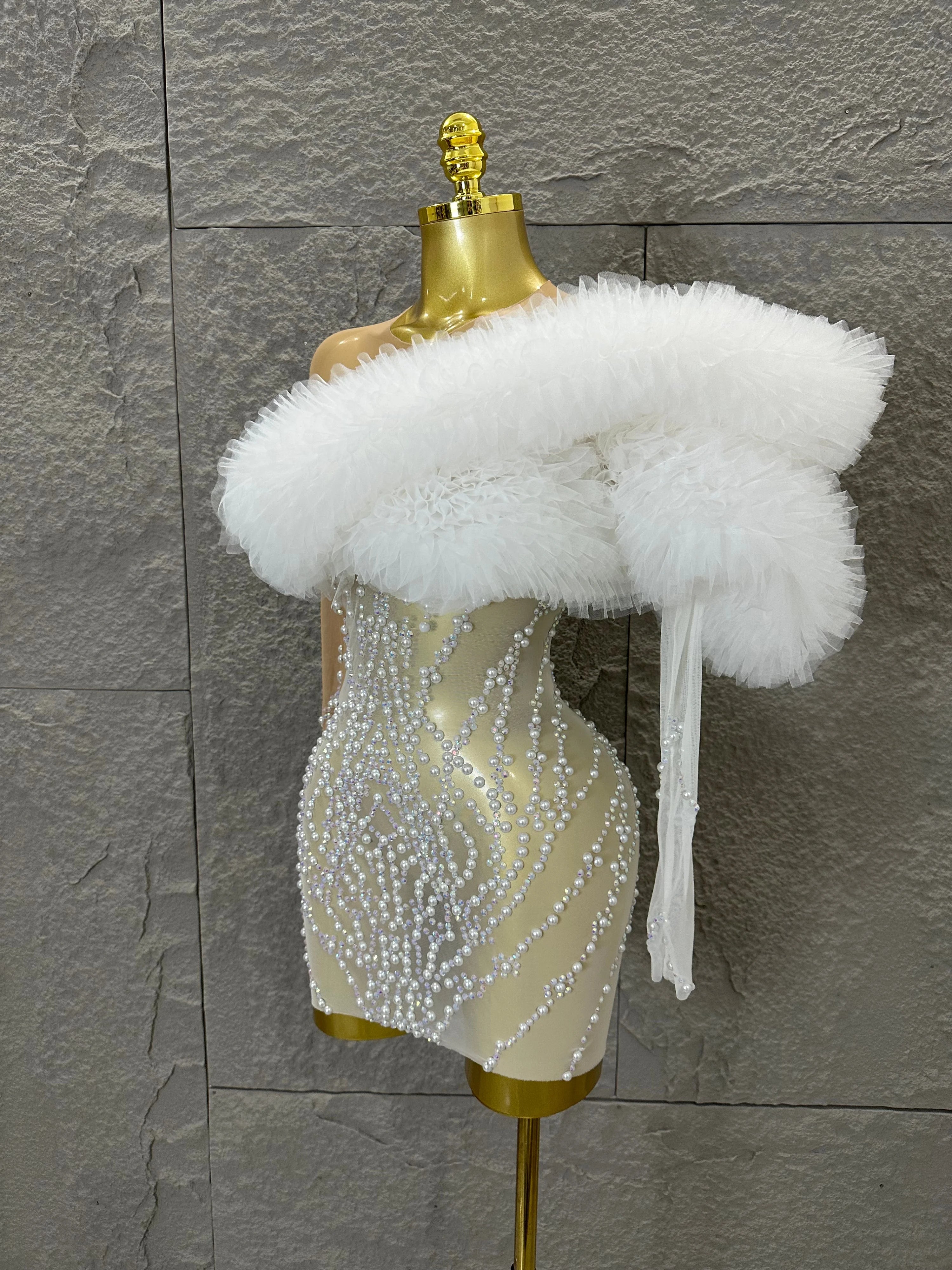 Luxurious Nude Sheer Mesh Mini Dress Women One-Shoulder Pearl Beaded Ruffle Tulle Bodycon Evening Costume