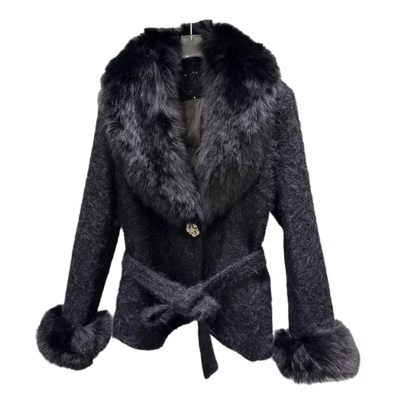 Winter New Fashion Fox Fur Collar Lace-up Waist Cotton Liner Coat For Women High Quality Jacket Female 11A07778