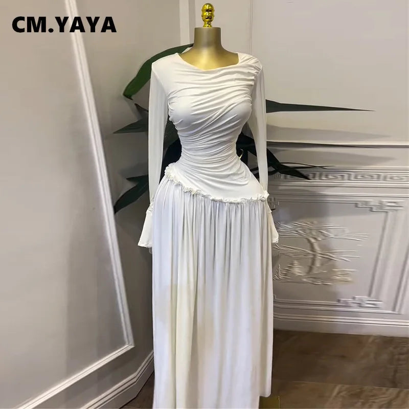 CM.YAYA Women Full Sleeve O-neck Elegant Long Dress Edible Tree Fungus Sweet Holiday Beach Evening Sexy Party Dresses Vestidos
