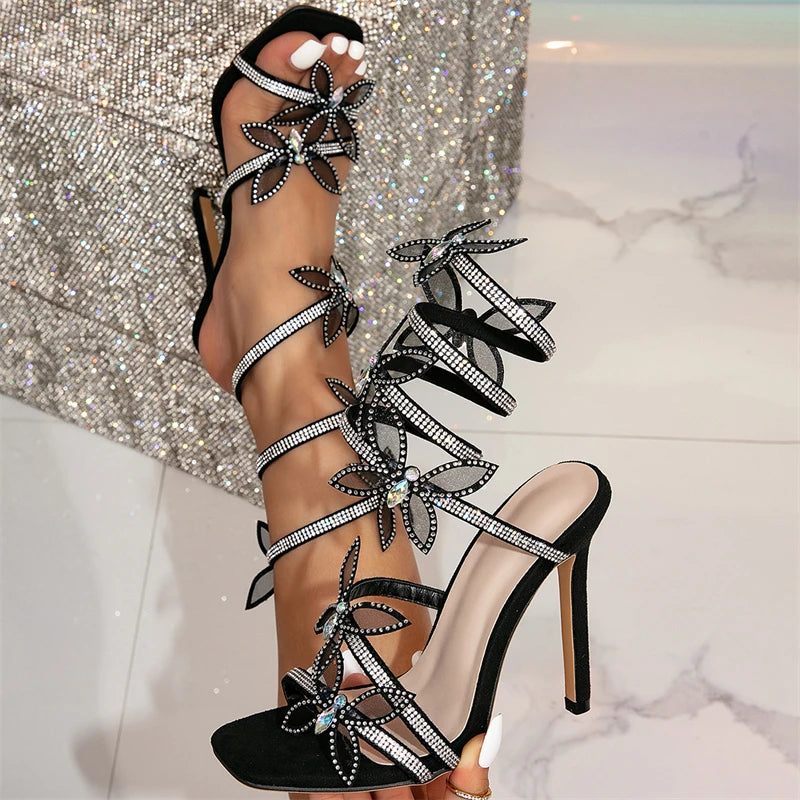 Eilyken Fashion Sexy Peep Toe Crystal Butterfly-knot Ankle Strap Sandals Woman Stiletto High Heels Banquet Party Pumps Shoes Black