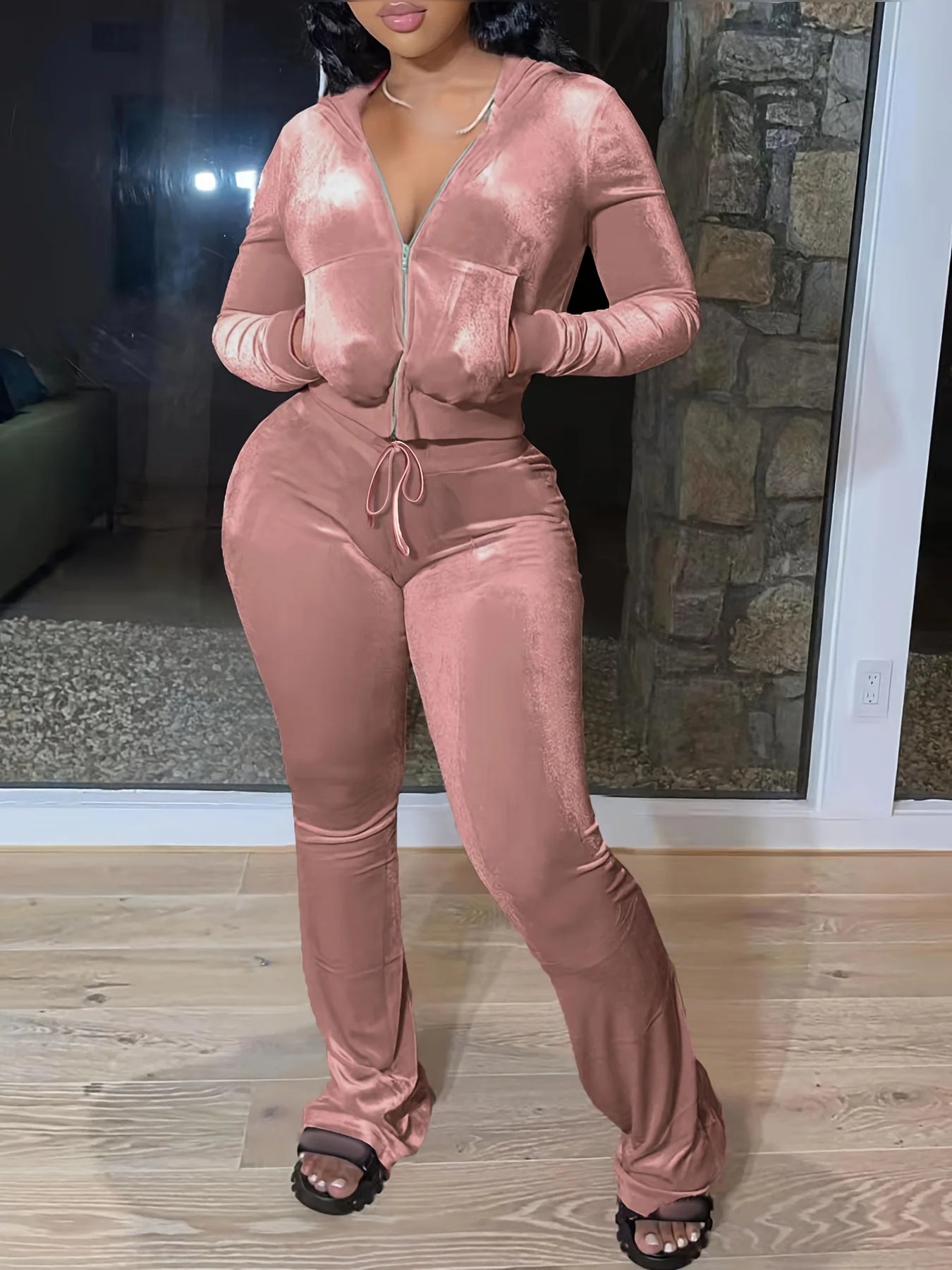 Plus Size 1XL-5XL Women Fashion Round Neck Solid Color Two Piece Set Ladies Casual Long Sleeve T-Shirt & Pants Outfit Pink