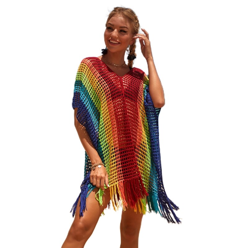 Swimsuit Cover Beach Cover Up Crochet Iridescence Knitted Beachwear Long Pareos Sexy Beach Dress Rainbow color