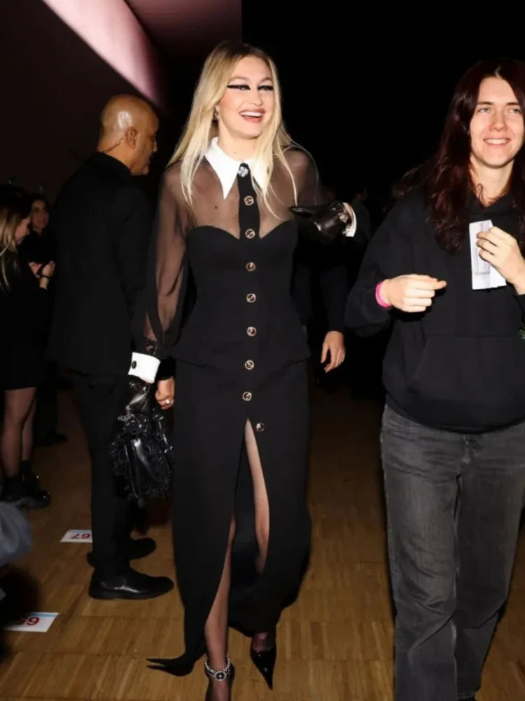 2024 New Golden Buttons White Collar Mesh Patchwork Bandage Long Dress Elegant Woman Evening Party Dress Fashion Party Outfit