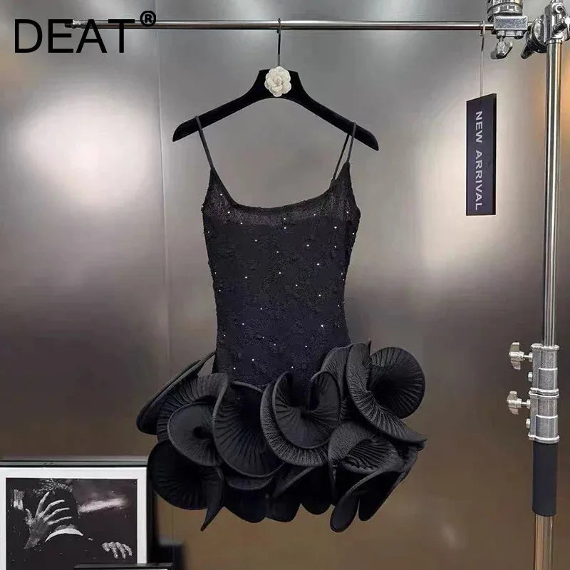 Autumn Winter New Elegant Sweet Rhinestone Ruffle Puff Sleeve Strap Dress For Women Backless Dresses Female 11A07818