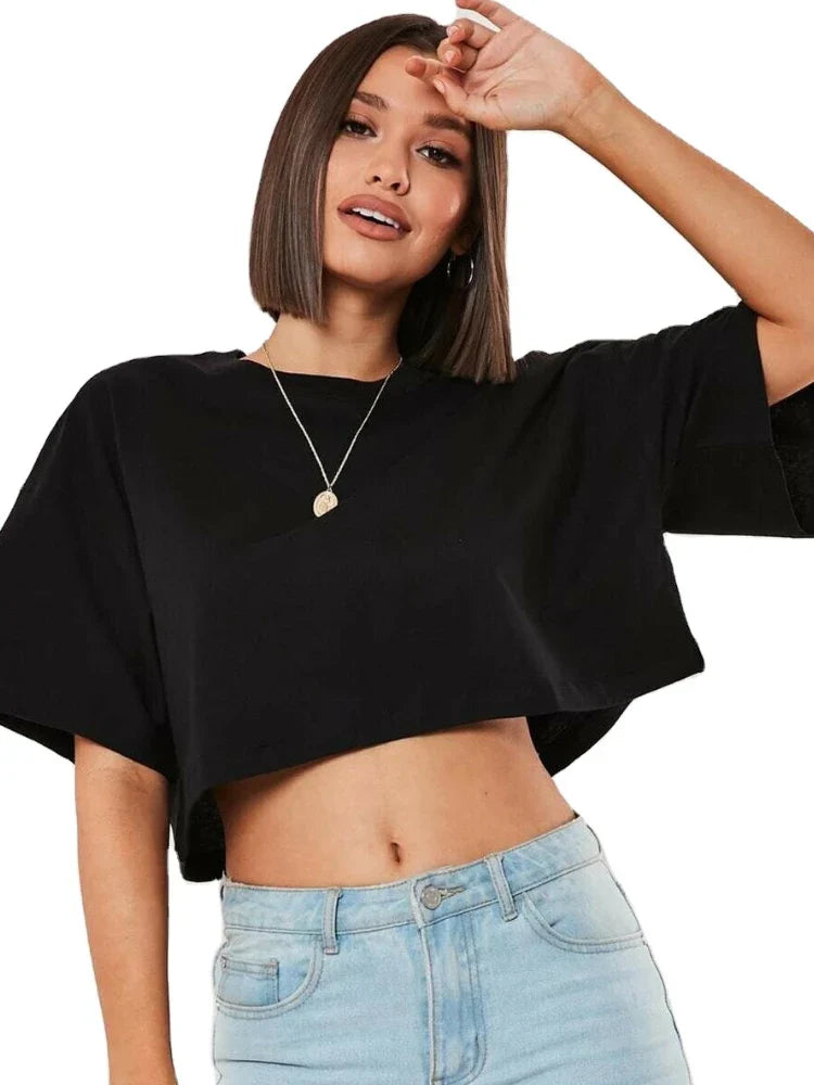 Cotton Women Short Sleeve Dance Running Clothes Yoga Fitness Crop Top Navel Baring New Sport T-shirt Loose Gym Workout Shirts black