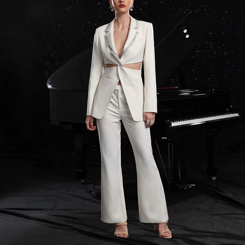 Solid Hollow Out Elegant Two Piece Sets for Women Lapel Long Sleeves Spliced Hot Fix Top High Waist Pant Set Female WHITE