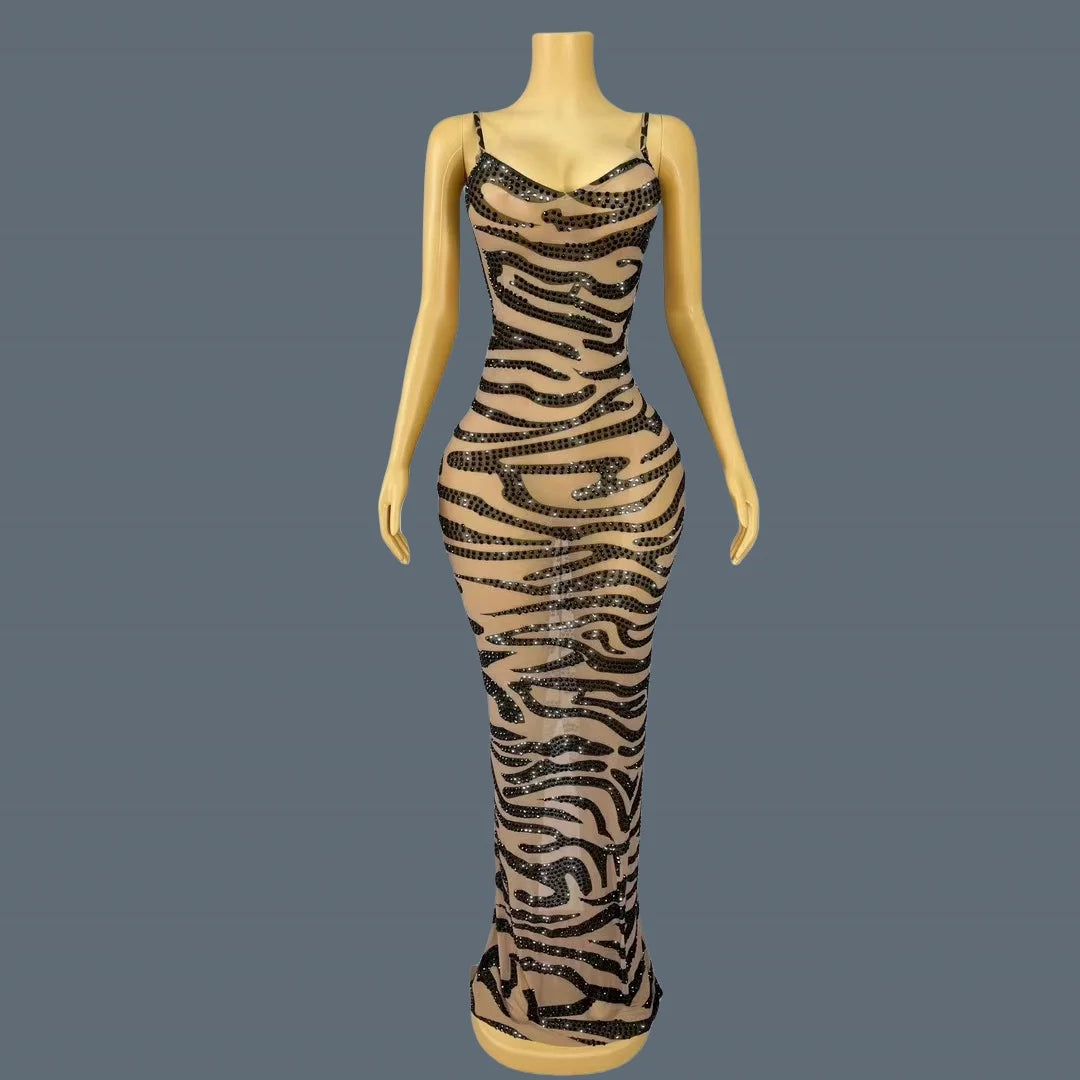 New Black Rhinestone Sheer Mesh Leopard Print Strap Chic Gown for Nice Figure Women Birthday Party Queen Maxi Dress Modengbaowen as shown