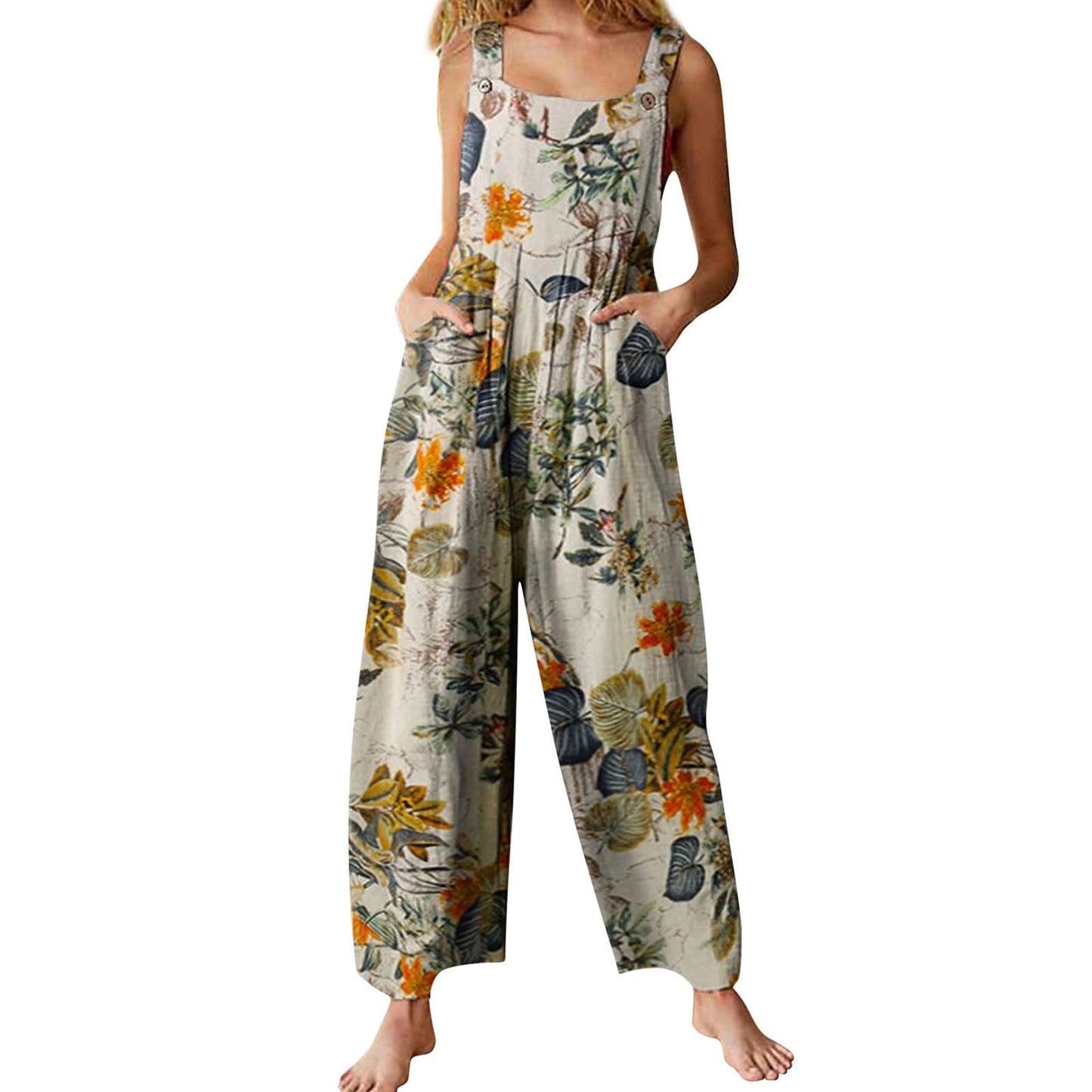 Women Ethnic Style Jumpsuits Summer Overalls Multicolor Square Neck Sleeveless Casual Rompers with Pockets for Girls Playsuit
