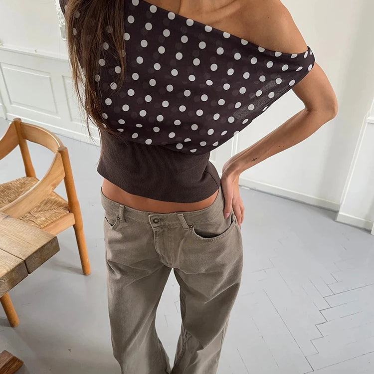 Mozision Backless Polka Dot Crop Tops Women Vest Fashion Summer New Oblique Shoulder Sleeveless Tank Tops Pullovers Female
