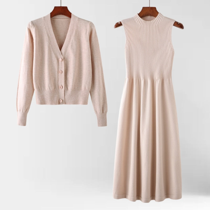 Women's Sweater Sets 2024 Autumn Winter V Neck Knitted Cardigan Coat Tops Long Dresses 2 Piece Sets Women Outfit Female Clothing apricot color One Size