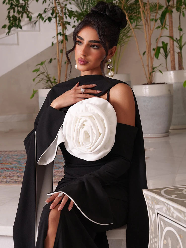 Summer New Simple Black Crepe 3D Flowers Mermaid Prom Dress 2024 Slim Long Sleeve Ankle-Length Formal Evening Dress