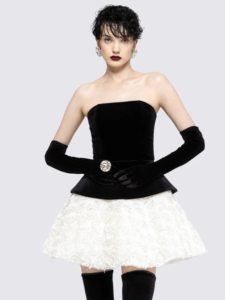 Vintage Glam Party Three-Pieces Strapless Mini Dress Outfit Black Velvet Bustier & White Floral Skirt