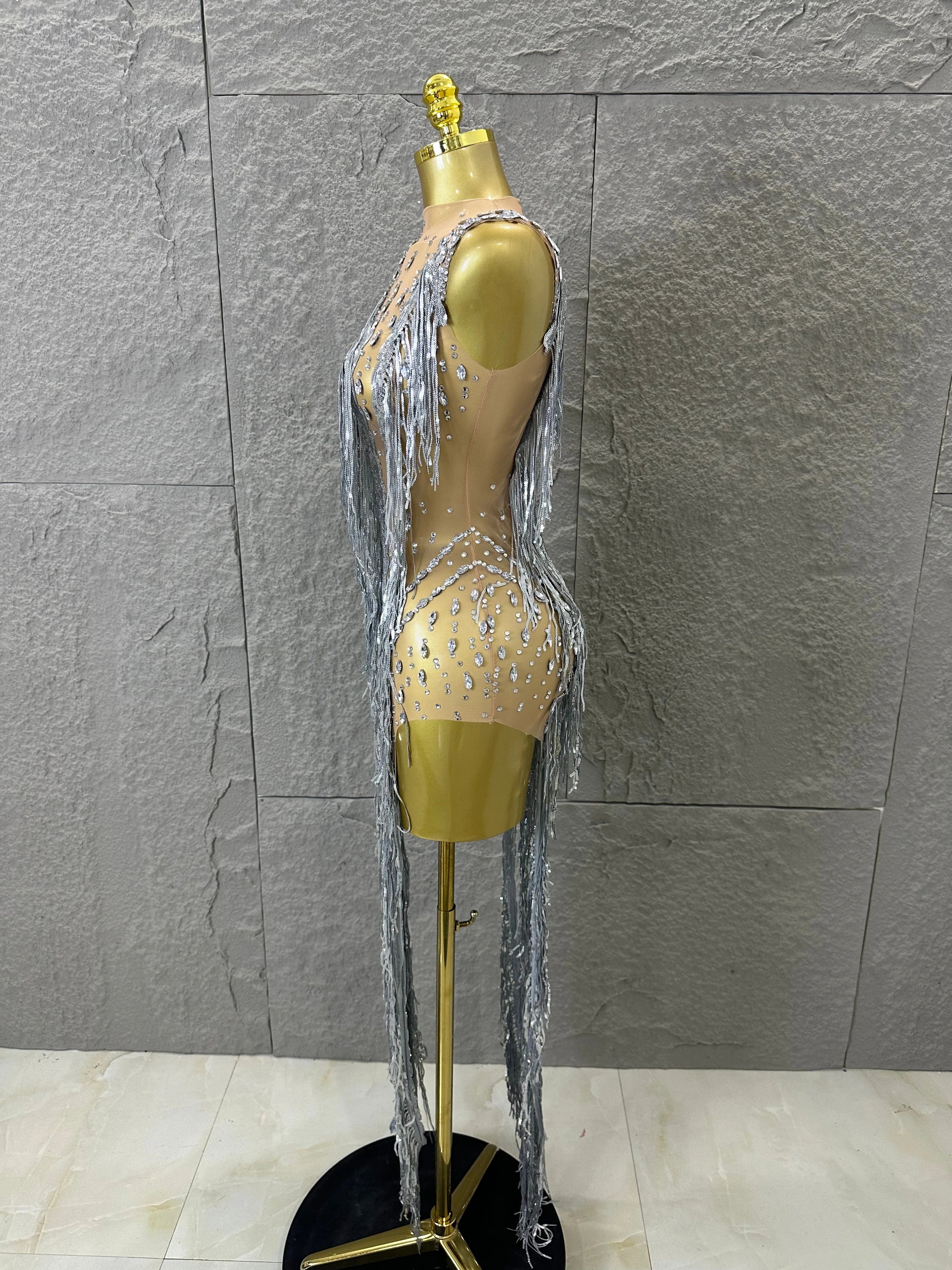 Luxury See Through Mesh Silver Rhinestone Long Tassel Dress Sleeveless Fitted Bodycon Formal Evening Wedding Guest Cocktail Gown