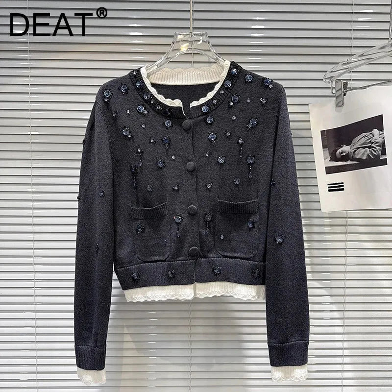 Winter New Fashion Beaded Rhinestone Contrast Color Lace Collar Knitted Cardigan Sweater For Women 11A07845