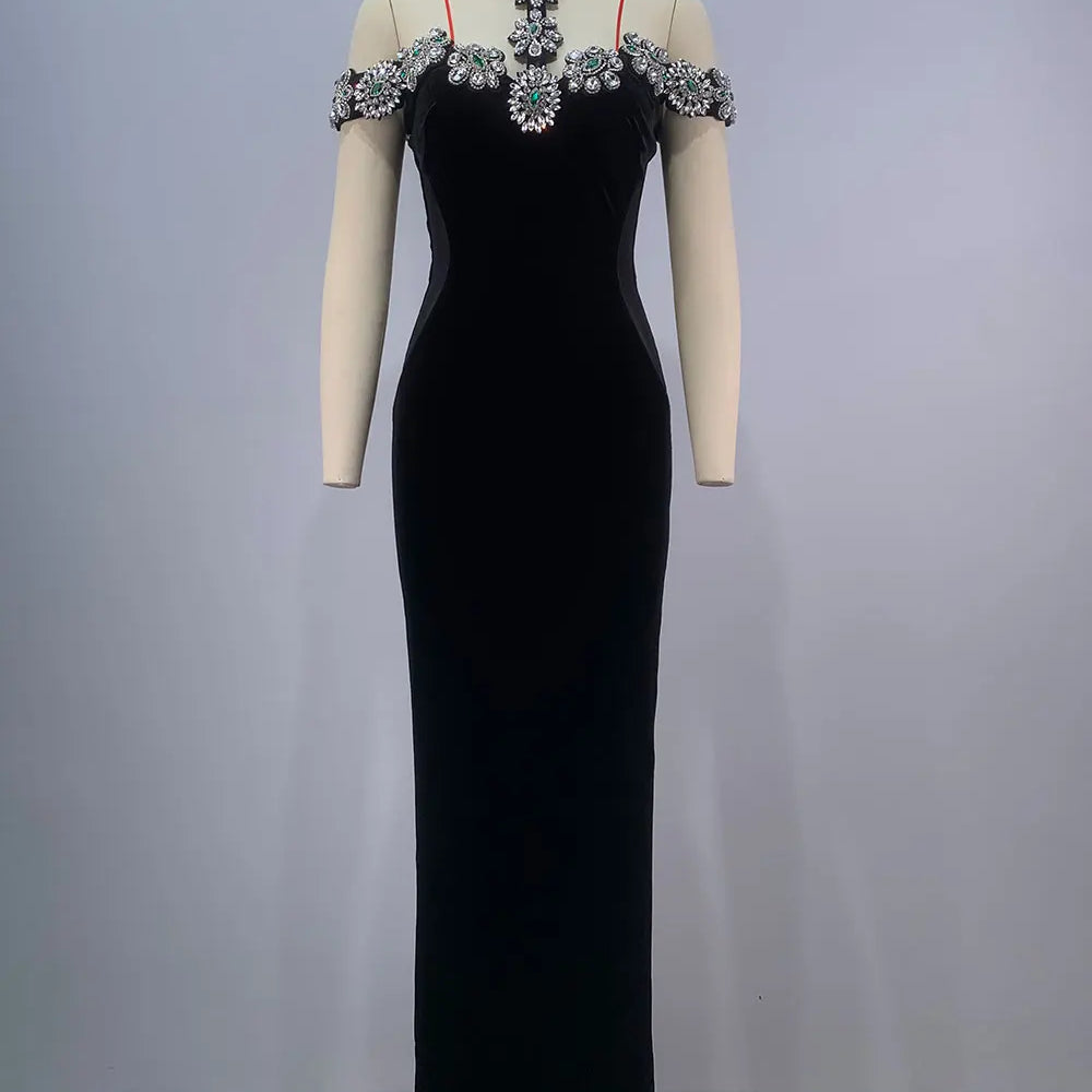 2024 Sexy Women's Heavy Industry Diamond Adorned Velvet Dress with Hanging Neck Shoulder Bodycon Transparent Gaul Gloves+Dresses