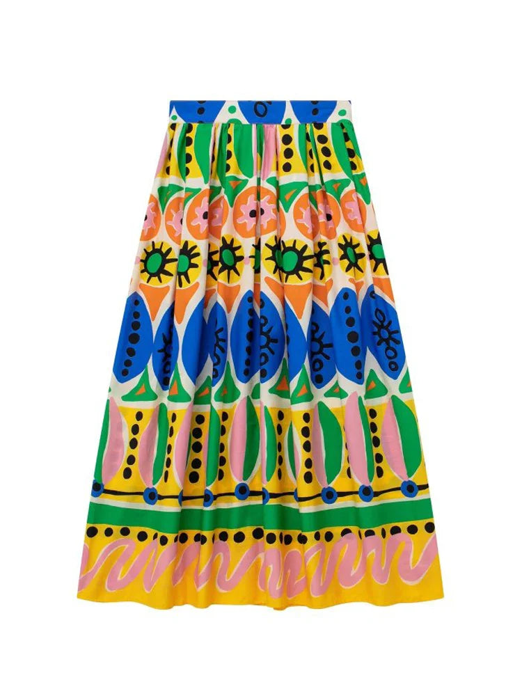 For Women Female Causal Halter Sleeveless Camisole Tops A-Line Mid-Calf Skirt TRAF Fashion Summer Print Skirt Sets