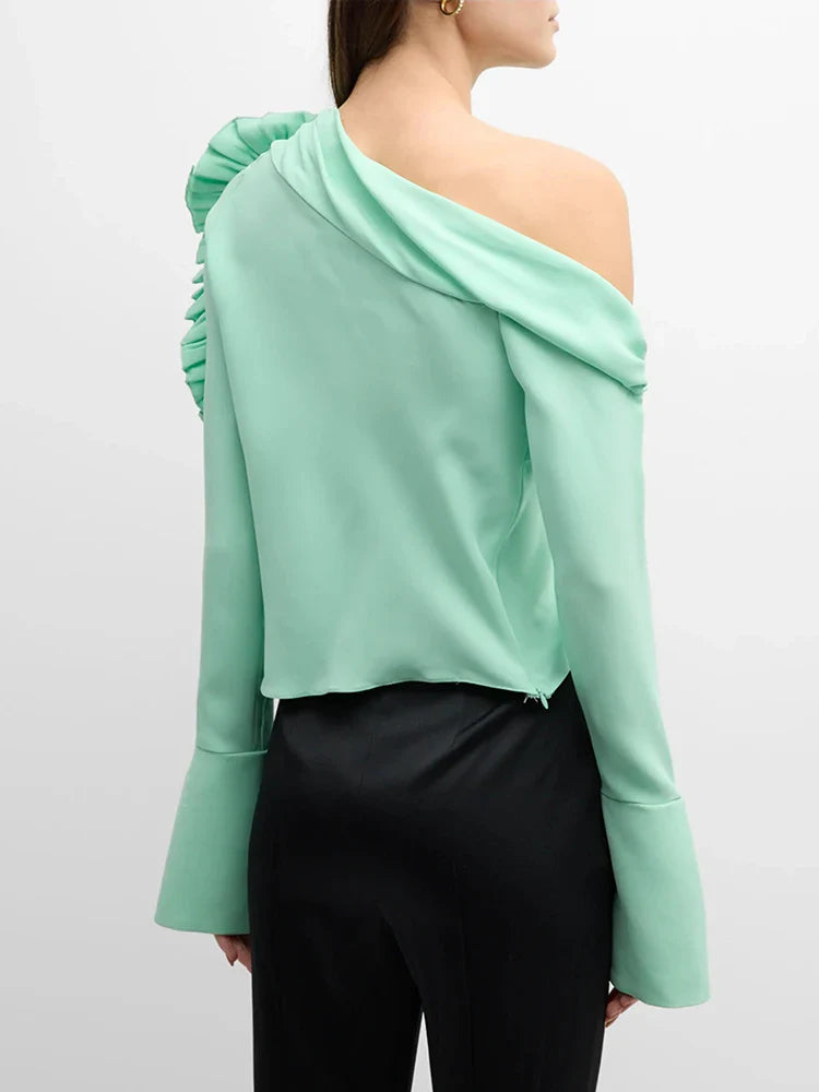 Patchwork Appliques Asymmetrical Blouse For Women Diagonal Collar Long Sleeve Solid Pullover Shirts Female Fashion