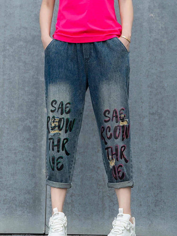 Max LuLu Spring Korean Loose Denim Pants Ladies Printed Classic Casual Elastic Jeans Womens Harajuku Vintage Harem Trousers Blue