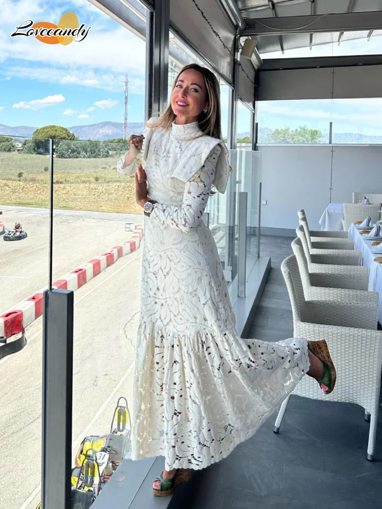 Elegant Hollowed Lace Maxi White Dress Women Fashion Mock Neck Long Sleeved Shoulder Padded Robes 2024 Evening Women's Clothing