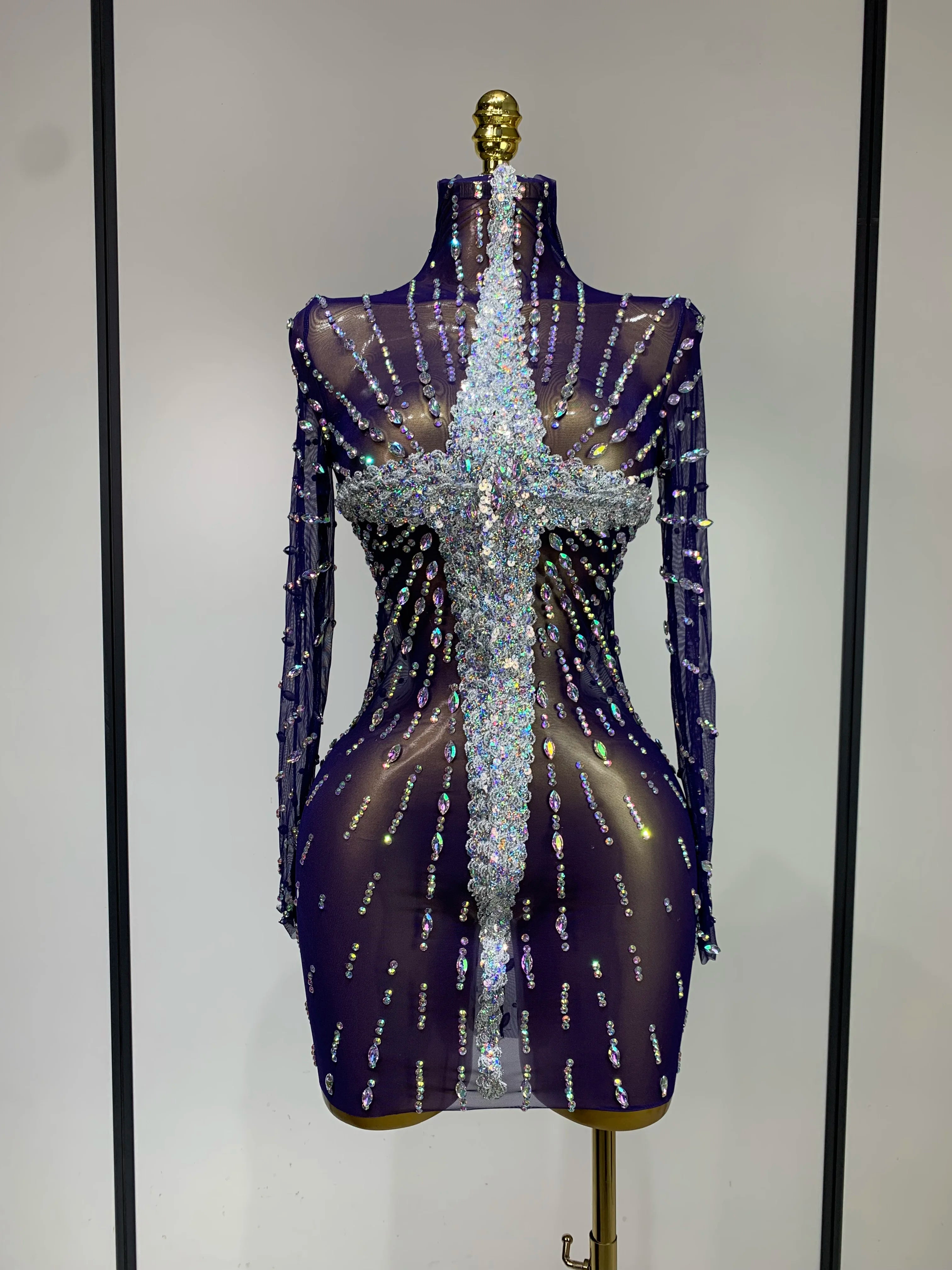 Sparkly Diamonds Mesh See Through Long Sleeves Mini Dress Women Eveing Birthday Party Sexy Nightclub Bar Singer Stage Costume Blue
