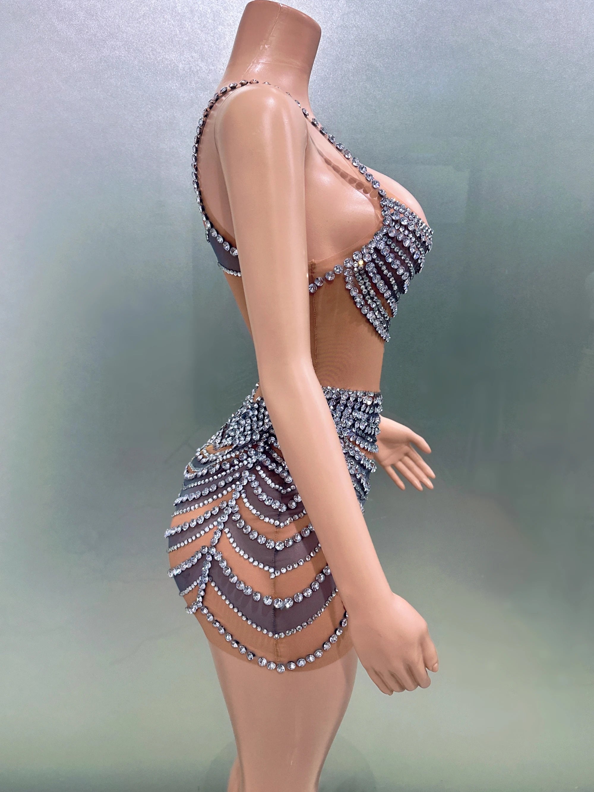 STOCK Women Sleeveless Sexy O-Neck Bodycon Mini Mesh Crystal Dress Celebrate Nightclub Party Bar Singer Performance Costume