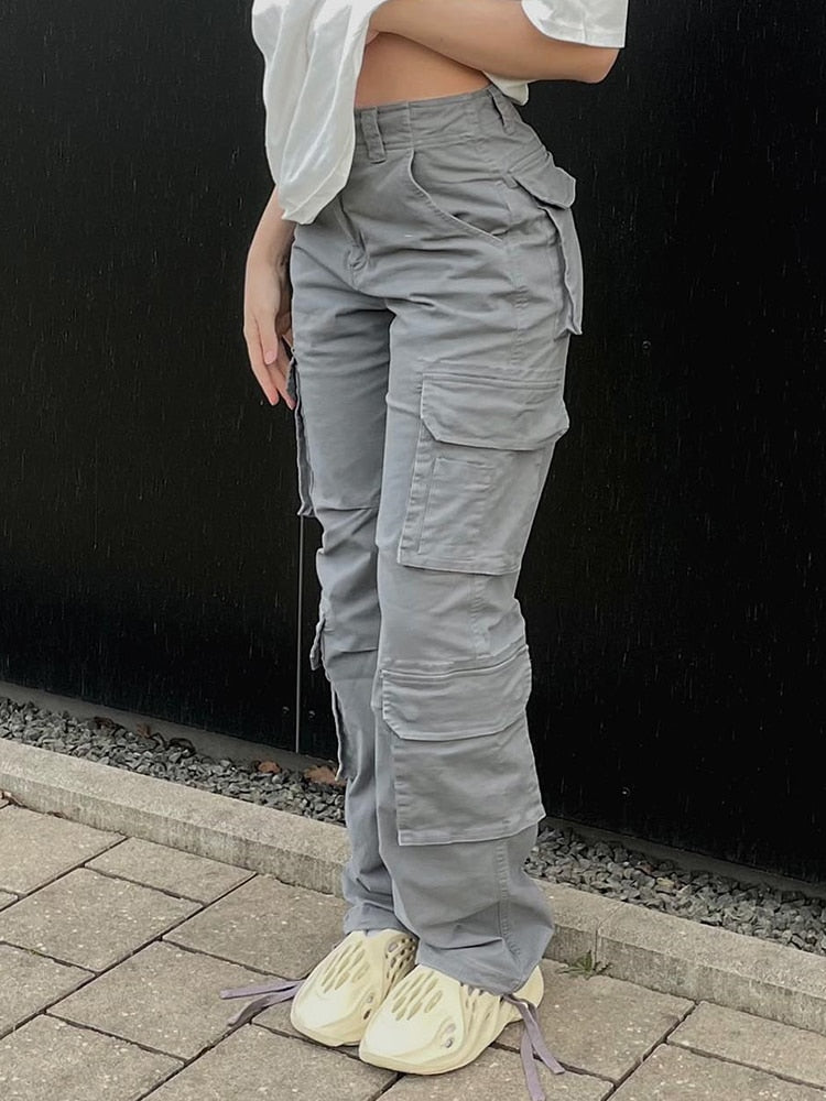 Pantalon Cargo Vintage Baggy Jeans pour femmes, mode Streetwear des années 90, poches, jambes larges, taille haute, pantalon droit en Denim Y2k