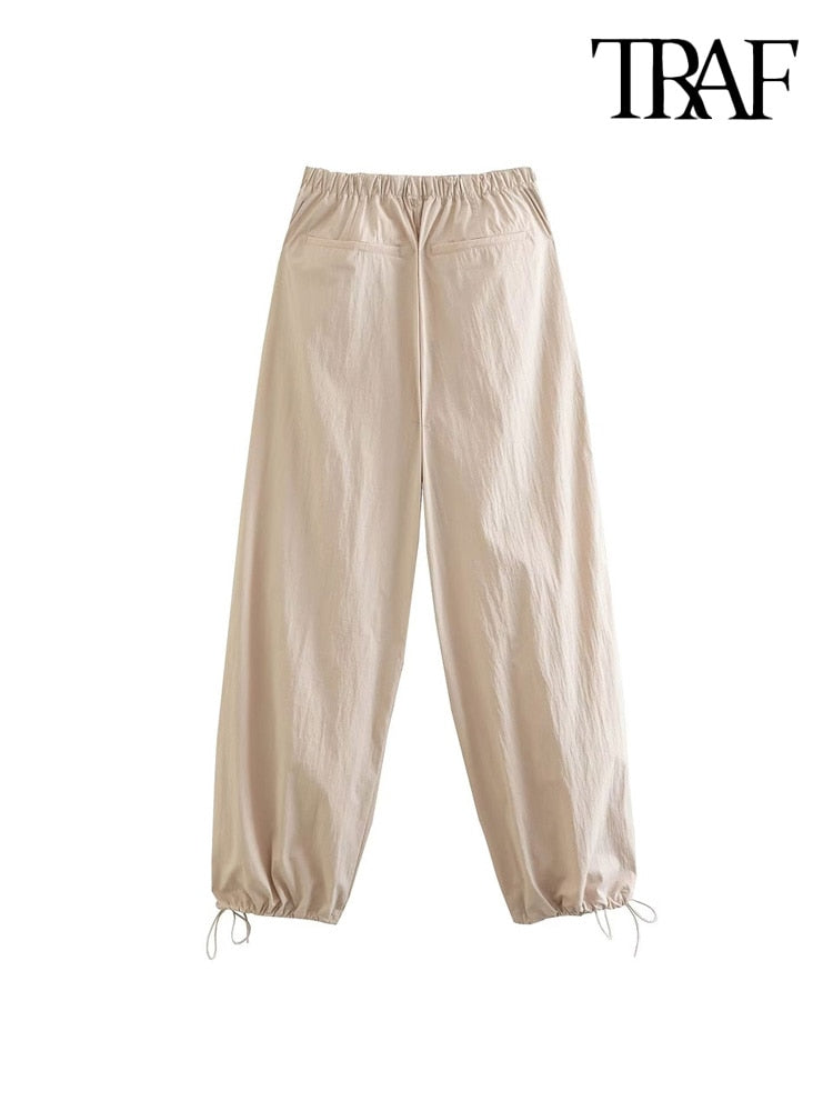 TRAF 女性ファッションサイドポケットプリーツ膝ジョギングパンツヴィンテージ高弾性ウエスト巾着女性のズボン Mujer