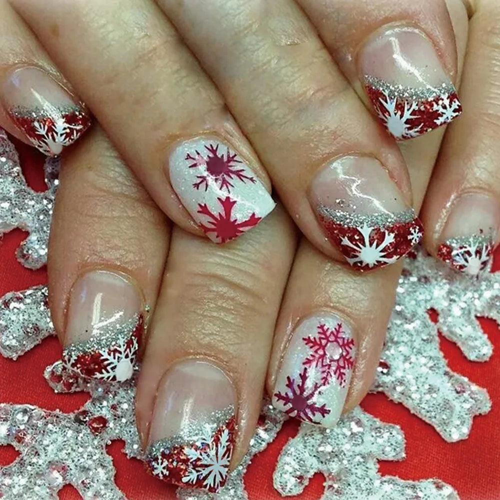 24Pcs Xmas Press on Nails Christmas Short Square Fake Nails Wearable Snowflake Design False Nails with Golden Powder Nail Tips 488