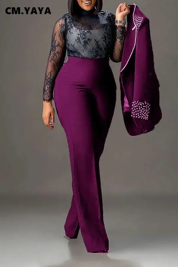 CM.YAYA Fashion Pearl Splicing Women's Set Long Sleeve Blazer and Wide Leg Pants Suit 2024 Winter OL Fall Two 2 Piece Set Outfit