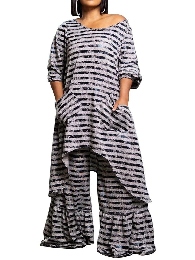 Wmstar Plus Size Two Piece Women Clothing Long Sleeve Long Top and Pants Sets Striped Matching Set Wholesale Dropshopping 2024