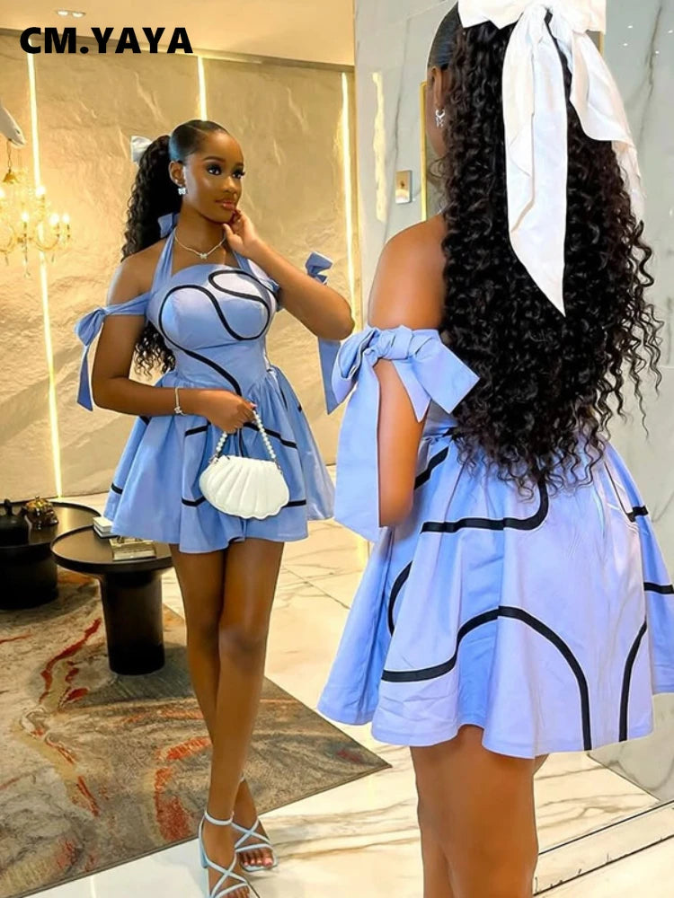 CM.YAYA Summer Women Bowknot Shoulder Halter Neck Geometric Striped Big Swing Dress Streetwear Night Club Party Dresses Vestidos